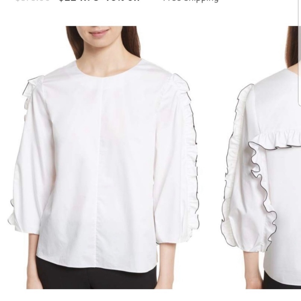 Tibi White Ruffle-Trim Puff Sleeve Blouse, 100% cotton